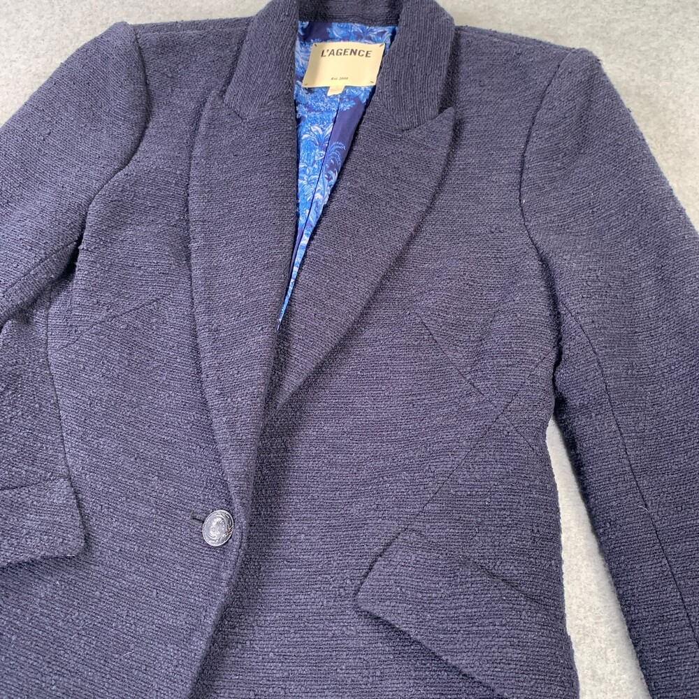 L'AGENCE Navy Tweed Blazer Jacket Women's Size 4 Blue Floral Lining - Picture 3 of 12